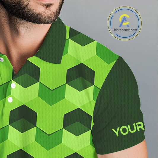 Plaid Mens Golf Polo Shirt Custom Abstract Green Hexagon Pattern Golf Shirts For Men NHN0156