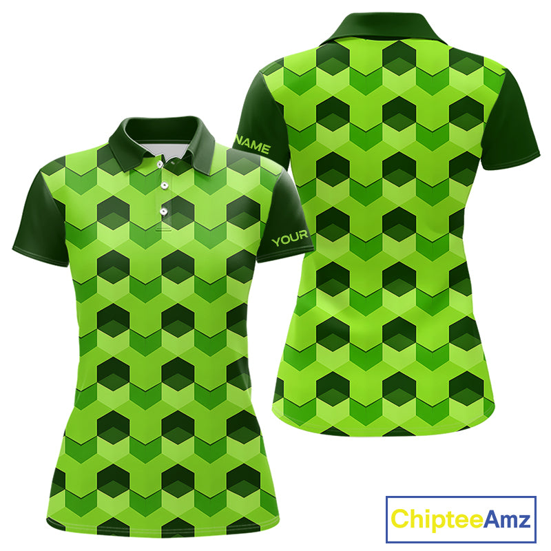 Plaid Womens Golf Polo Shirt Custom Abstract Green Hexagon Pattern Golf Shirts For Ladies NHN0156