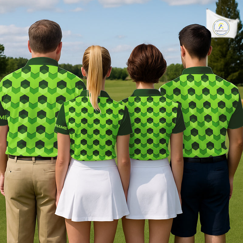 Plaid Mens Golf Polo Shirt Custom Abstract Green Hexagon Pattern Golf Shirts For Men NHN0156