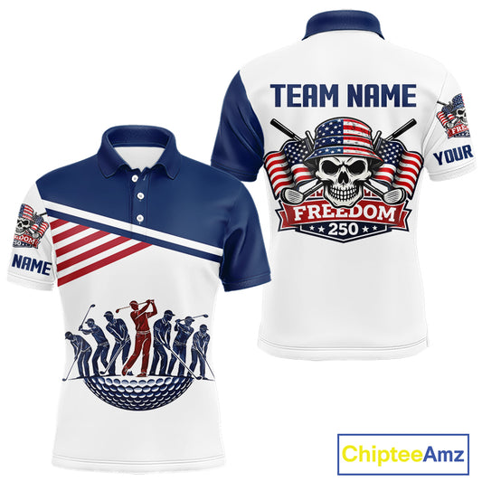 Mens Golf Polo Shirt Custom 250th Anniversary American Flag Skull Golf Shirt, Group Golf Gift NHN0143