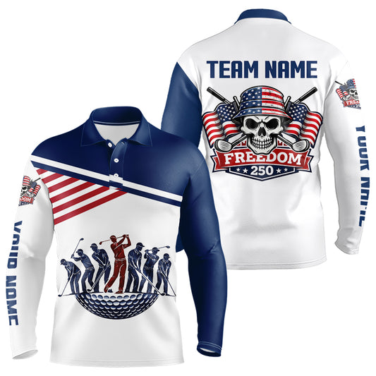 Long Sleeve Golf Polo Shirt Custom 250th Anniversary American Flag Skull Golf Shirts, Patriotic Gift NHN0143
