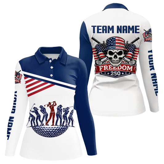 Womens Long Sleeve Golf Polo Shirt 250th Anniversary American Flag Skull Golf Shirts, Patriotic Gift NHN0143