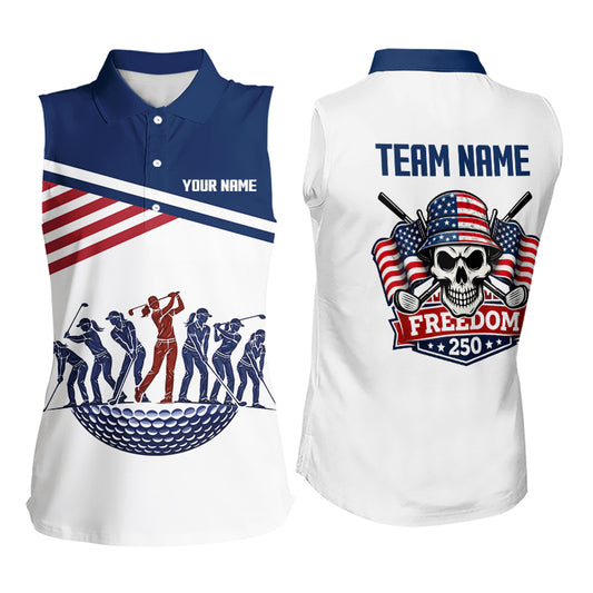 Womens Sleeveless Golf Polo Shirt Freedom 250th Anniversary American Flag Skull Golf Shirts Patriotic Gift NHN0143