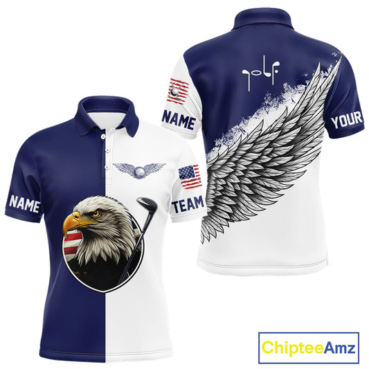 American Flag Eagle Mens Golf Polo Shirts Custom Patriotic Eagle Blue & White Golf Attire For Men NHN0041