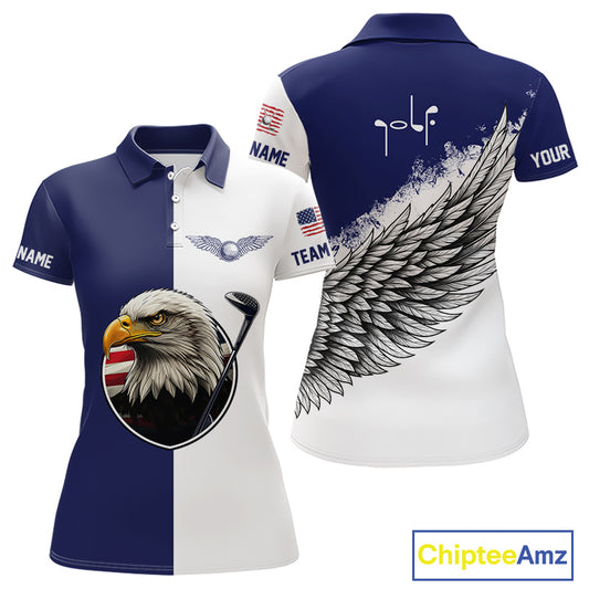 American Flag Eagle Womens Golf Polo Shirts Custom Patriotic Eagle Golf Attire For Women Blue & White NHN0041