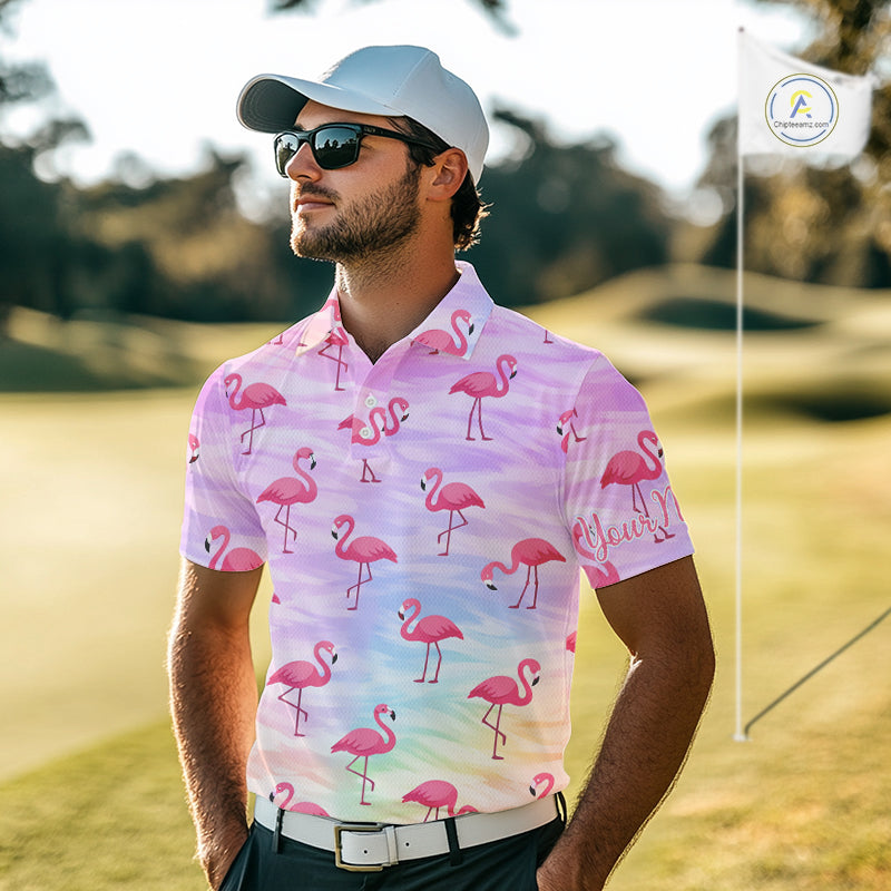 Violet Pastel Mens Golf Polo Shirts Custom Funny Flamingo Pattern Team Golf Tops For Men, Golf Gifts NHN0174