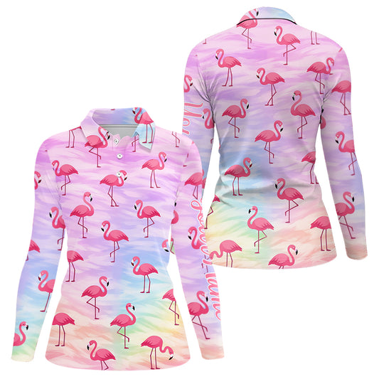 Violet Womens Long Sleeve Golf Polo Shirts Custom Funny Flamingo Heart Pattern Team Ladies Golf Tops NHN0174