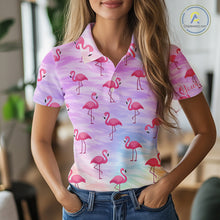 Load image into Gallery viewer, Violet Pastel Womens Golf Polo Shirts Custom Funny Flamingo Pattern Team Ladies Golf Tops, Golf Gift NHN0174