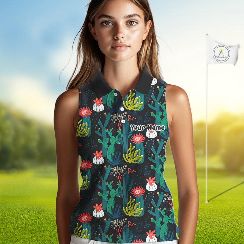 Funny Desert Cactus Pattern Womens Sleeveless Golf Polo Shirts Custom Cactus Golf Shirt For Ladies NHN0186