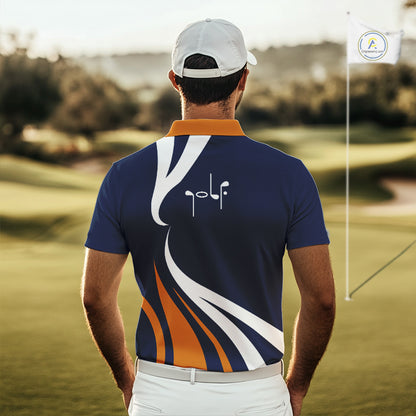 Mens Golf Polo Shirts Orange And Blue Pattern With Custom Golf Ball Name, Golf Gifts NHN0061