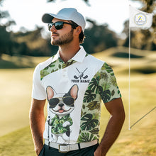 Load image into Gallery viewer, Green Tropical Pattern Mens Golf Polo Shirts Custom Cute Bulldog Golf Tops, White Golf Outfit For Men NHN0067