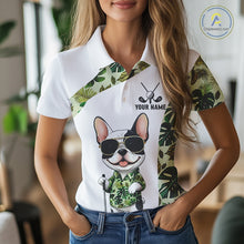 Load image into Gallery viewer, Green Tropical Pattern Womens Golf Polo Shirts Custom Cute Bulldog Golf Tops, White Ladies Golf Outfit NHN0067