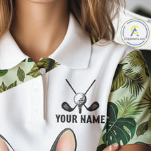 Load image into Gallery viewer, Green Tropical Pattern Womens Golf Polo Shirts Custom Cute Bulldog Golf Tops, White Ladies Golf Outfit NHN0067