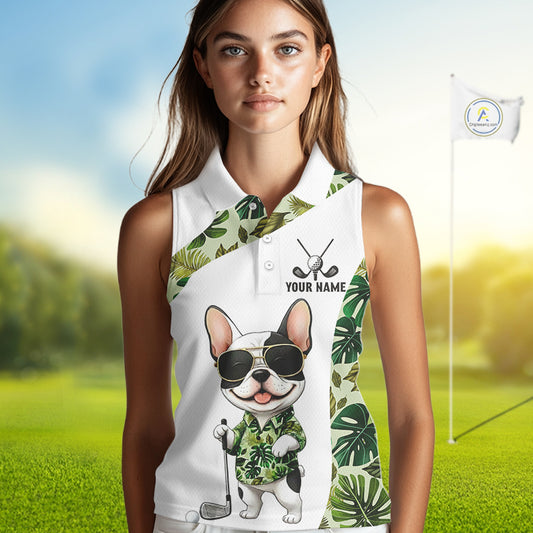 Green Tropical Womens Sleeveless Golf Polo Shirt Custom Cute Bulldog Golf Tops, White Golf Outfit NHN0067