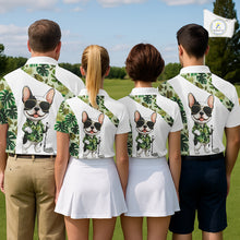 Load image into Gallery viewer, Green Tropical Pattern Womens Golf Polo Shirts Custom Cute Bulldog Golf Tops, White Ladies Golf Outfit NHN0067