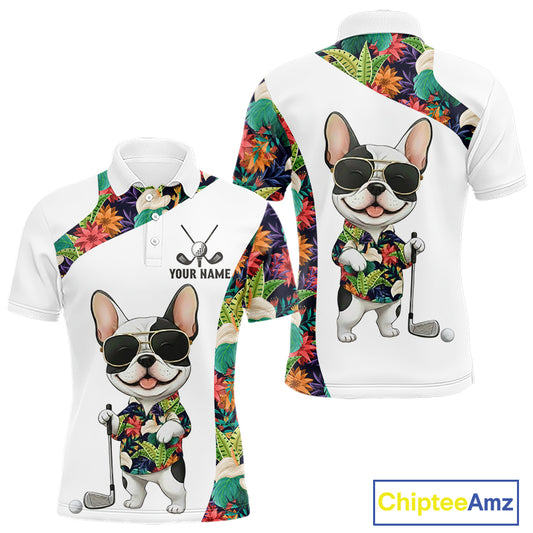 Funny Mens Golf Polo Shirt Custom Tropical Leaf Pattern Personalized Bulldog Golf Shirts For Men NHN0067