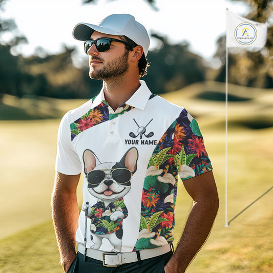 Funny Mens Golf Polo Shirt Custom Tropical Leaf Pattern Personalized Bulldog Golf Shirts For Men NHN0067