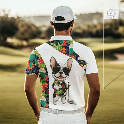 Funny Mens Golf Polo Shirt Custom Tropical Leaf Pattern Personalized Bulldog Golf Shirts For Men NHN0067
