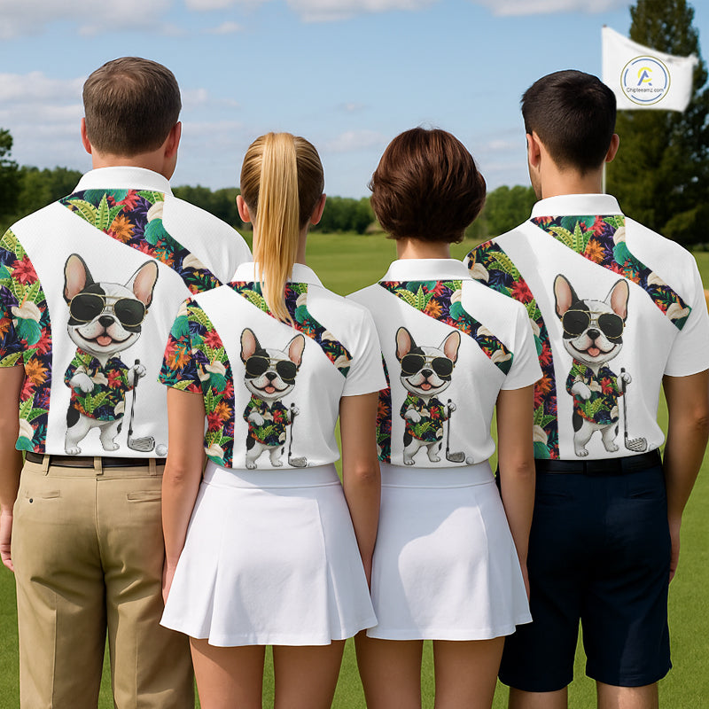 Funny Mens Golf Polo Shirt Custom Tropical Leaf Pattern Personalized Bulldog Golf Shirts For Men NHN0067