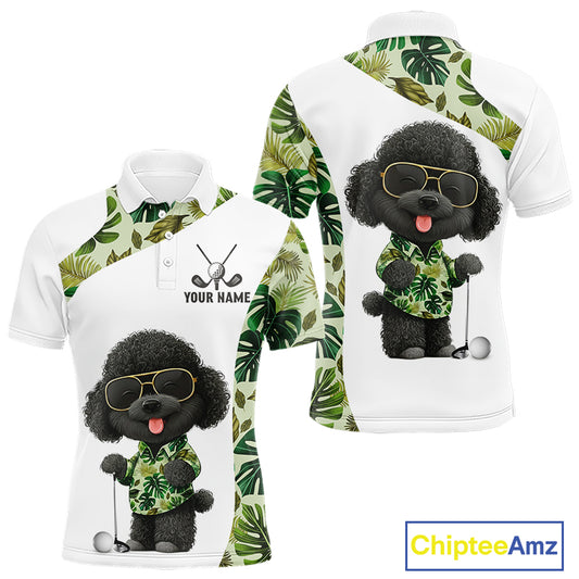 Funny Mens Golf Polo Shirt Custom Tropical Leaf Pattern Personalized Poodle Dog Golf Shirts For Men NHN0067