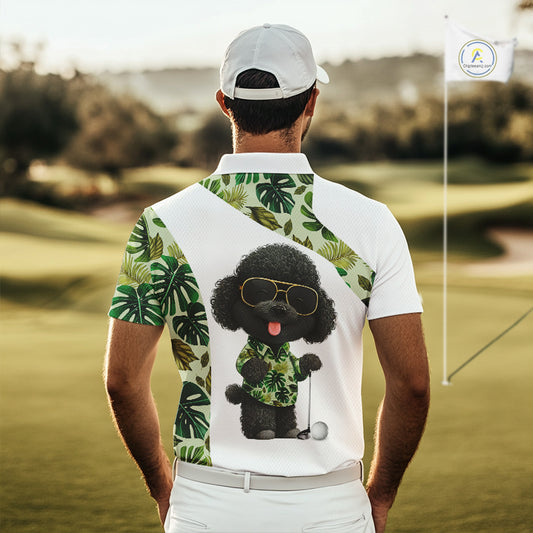 Funny Mens Golf Polo Shirt Custom Tropical Leaf Pattern Personalized Poodle Dog Golf Shirts For Men NHN0067