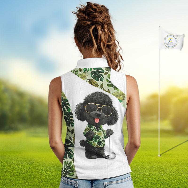 Funny Womens Sleeveless Golf Polo Shirt Tropical Leaf Pattern Personalized Poodle Dog Golf Shirts NHN0067