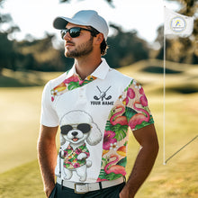 Load image into Gallery viewer, Funny Mens Golf Polo Shirt Custom Tropical Flamingo Pink Pattern, White Poodle Golf Outfit For Men NHN0067