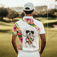Load image into Gallery viewer, Funny Mens Golf Polo Shirt Custom Tropical Flamingo Pink Pattern, White Poodle Golf Outfit For Men NHN0067
