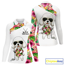 Load image into Gallery viewer, Funny Womens Long Sleeve Golf Polo Shirt Custom Tropical Flamingo Pattern, White Poodle Golf Outfit NHN0067