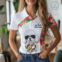 Load image into Gallery viewer, Funny Womens Golf Polo Shirt Custom Tropical Flamingo Pink Pattern, White Poodle Golf Outfit NHN0067