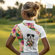 Load image into Gallery viewer, Funny Womens Golf Polo Shirt Custom Tropical Flamingo Pink Pattern, White Poodle Golf Outfit NHN0067