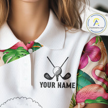 Load image into Gallery viewer, Funny Womens Golf Polo Shirt Custom Tropical Flamingo Pink Pattern, White Poodle Golf Outfit NHN0067