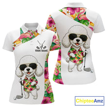 Load image into Gallery viewer, Funny Womens Golf Polo Shirt Custom Tropical Flamingo Pink Pattern, White Poodle Golf Outfit NHN0067