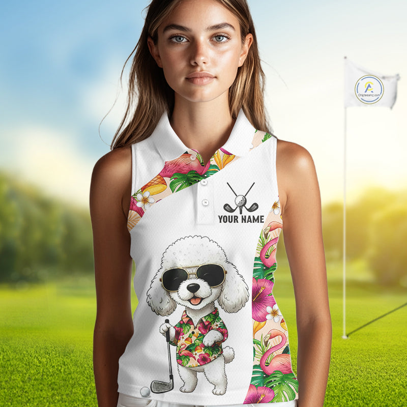 Funny Womens Sleeveless Golf Polo Shirt Custom Tropical Flamingo Pattern, White Poodle Golf Outfit NHN0067