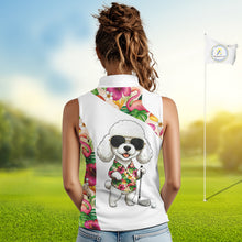 Load image into Gallery viewer, Funny Womens Sleeveless Golf Polo Shirt Custom Tropical Flamingo Pattern, White Poodle Golf Outfit NHN0067