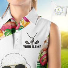 Load image into Gallery viewer, Funny Womens Sleeveless Golf Polo Shirt Custom Tropical Flamingo Pattern, White Poodle Golf Outfit NHN0067