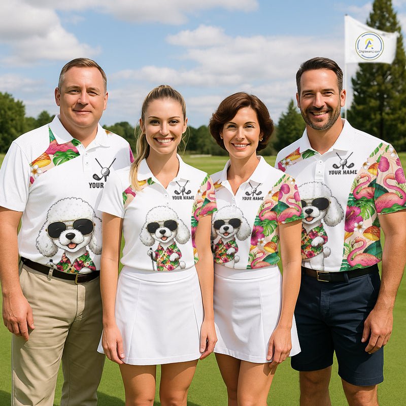 Funny Mens Golf Polo Shirt Custom Tropical Flamingo Pink Pattern, White Poodle Golf Outfit For Men NHN0067