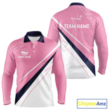 Load image into Gallery viewer, Mens Long Sleeve Golf Polo Shirt Custom Blue And Pink Golf Shirt Personalized White Team Golf Shirts NHN0075