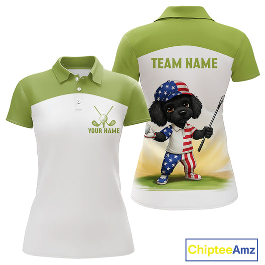 Funny Green Womens Golf Polo Shirt Custom Name Poodle Patriotic Dog Golf Shirts Personalized NHN0079