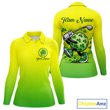 Load image into Gallery viewer, Neon Green Womens Long Sleeve Golf Polo Shirt Custom Name Green Clover St Patrick Day Golf Shirts NHN0206