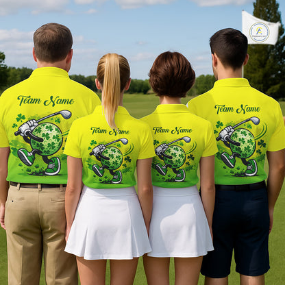 Neon Green Mens Golf Polo Shirt Custom Name Green Clover St Patrick Day Golf Shirts For Men NHN0206