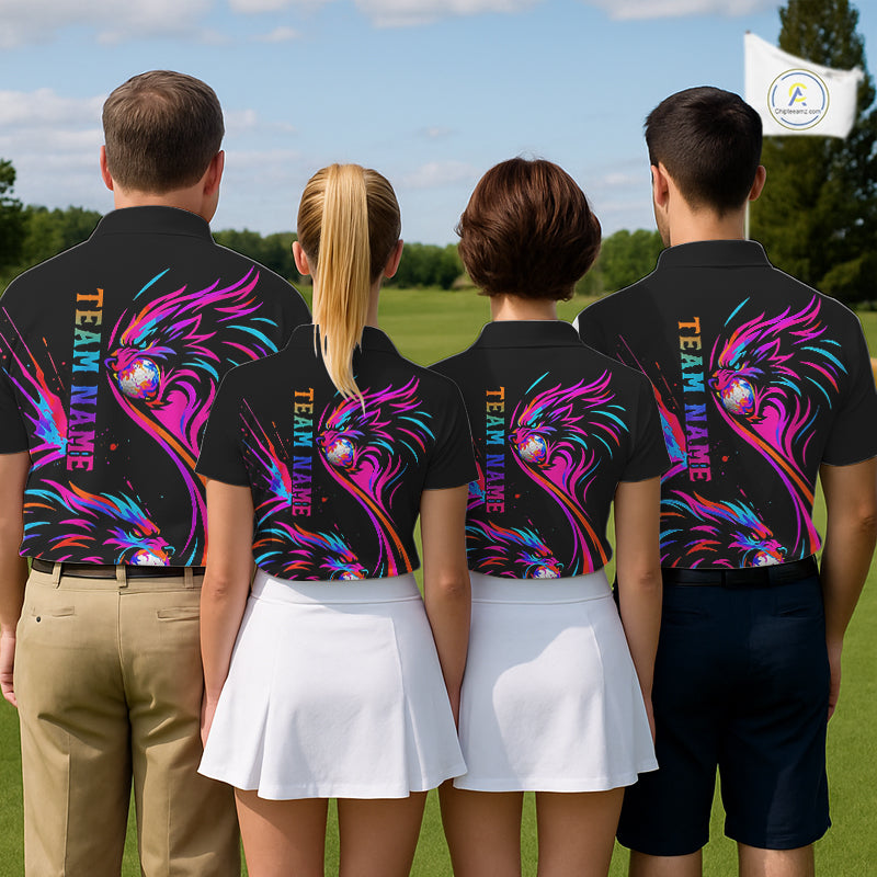 Wolf Womens Golf Polo Shirt Custom Neon Purple Pattern Team Golf Tops, Black Golf Outfit For Ladies NHN0085