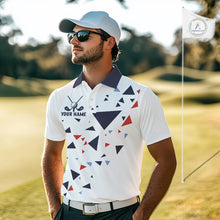 Load image into Gallery viewer, Mens Golf Polo Shirt Custom Orange And Blue Triangle Pattern Team Golf Tops, White Golf Attire NHN0086