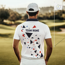 Load image into Gallery viewer, Mens Golf Polo Shirt Custom Orange And Blue Triangle Pattern Team Golf Tops, White Golf Attire NHN0086