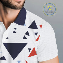 Load image into Gallery viewer, Mens Golf Polo Shirt Custom Orange And Blue Triangle Pattern Team Golf Tops, White Golf Attire NHN0086