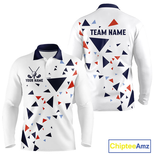 Long Sleeve Golf Polo Shirt Custom Orange And Blue Triangle Pattern Team Golf Tops, White Golf Attire NHN0086