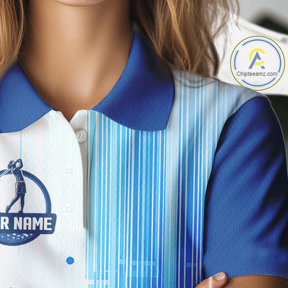 Womens Golf Polo Shirt Custom Blue Pattern Team Golf Tops, White Golf Golf Outfit For Women NHN0087