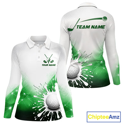Green Geometric Triangle Women Long Sleeve Golf Polo Shirt Custom Watercolor Golf Ball White Golf Tops NHN0119