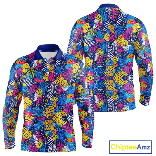 Colorful Paisley Pattern Long Sleeve Golf Polo Shirt Custom Tropical Golf Attire For Men NHN0147