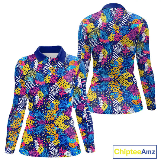 Colorful Paisley Pattern Womens Long Sleeve Golf Polo Shirt Custom Tropical Golf Attire For Ladies NHN0147